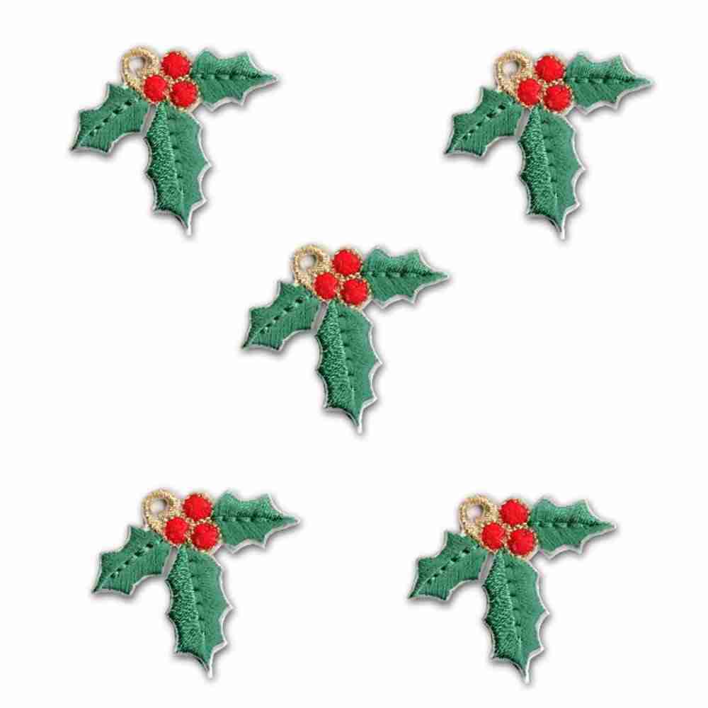 Four Christmas Holly Patches (5 Pack) Christmas Embroidered Iron On Patch Appliques on a white background.