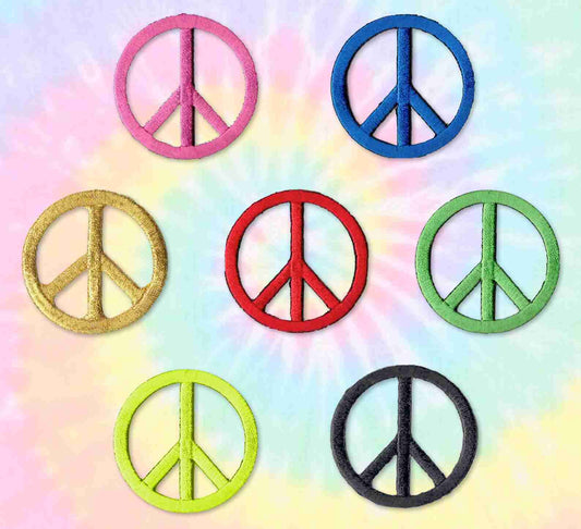 Six different colored Peace Sign Patches (5 Pack) Symbol Embroidered Iron On Patch Appliques on a tie dye background.