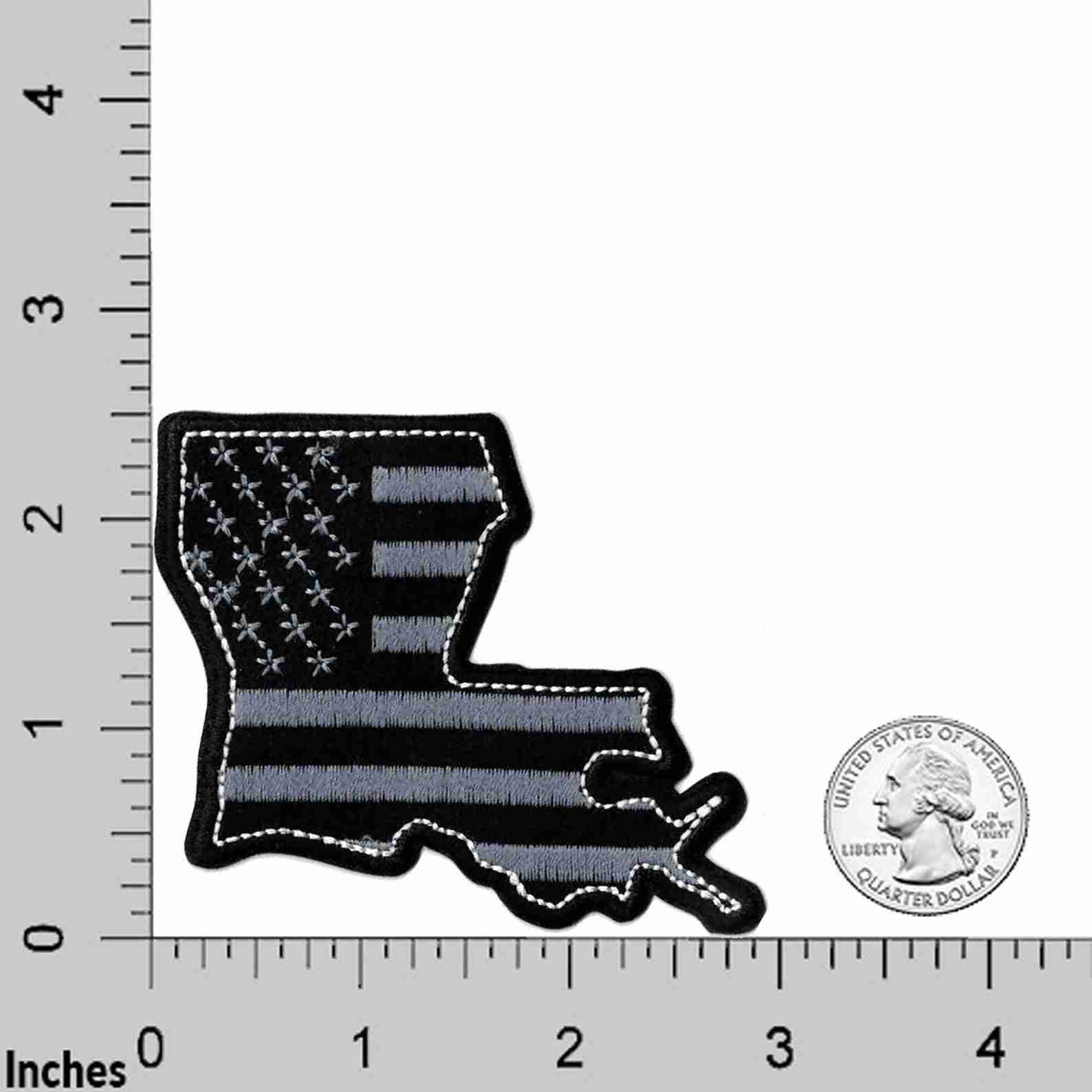 A black and white map of Louisiana State Patches (2-Pack) USA Flag Embroidered Iron On Patch Appliques with an American flag.
