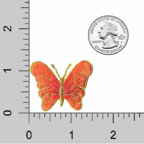 An orange butterfly embroidered on a Small Decorative Butterfly Iron On Patch: Multiple Colors.