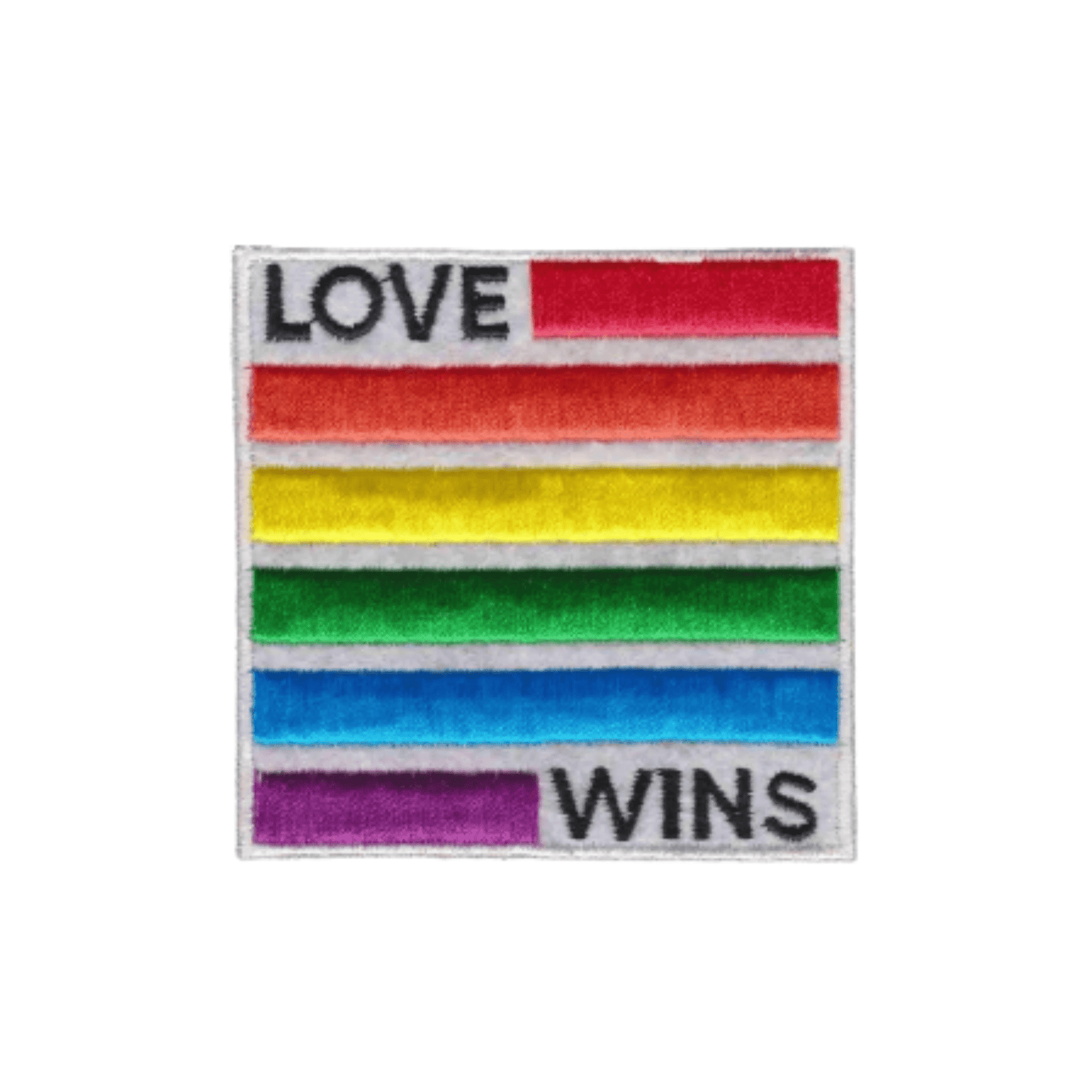 Celebrate equality with Laughing Lizards’ Love Wins Equality (2-Pack) Iron On Patch—a square LGBTQ pride patch featuring horizontal rainbow stripes and bold “LOVE WINS” text in black at the top and bottom.