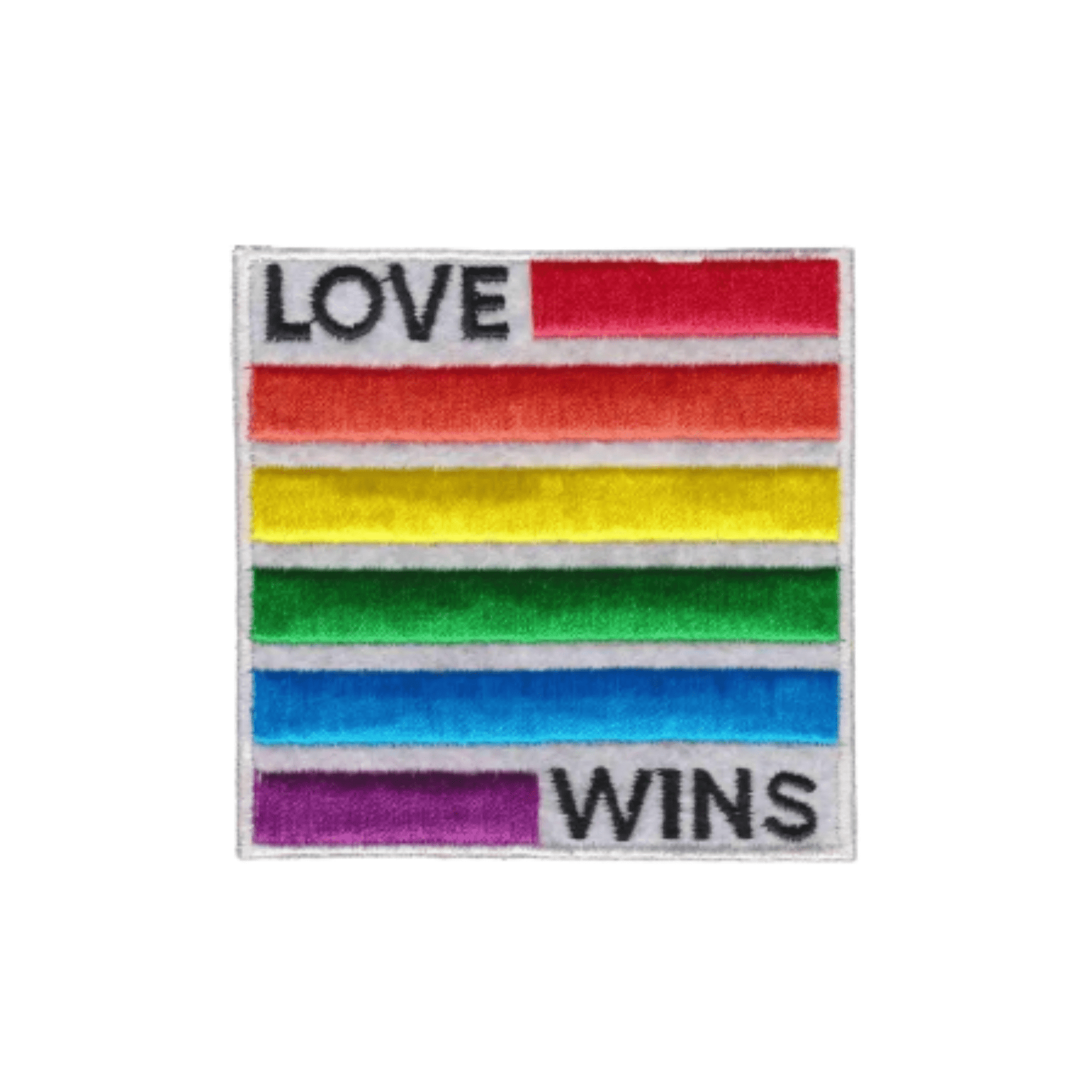 Celebrate equality with Laughing Lizards’ Love Wins Equality (2-Pack) Iron On Patch—a square LGBTQ pride patch featuring horizontal rainbow stripes and bold “LOVE WINS” text in black at the top and bottom.