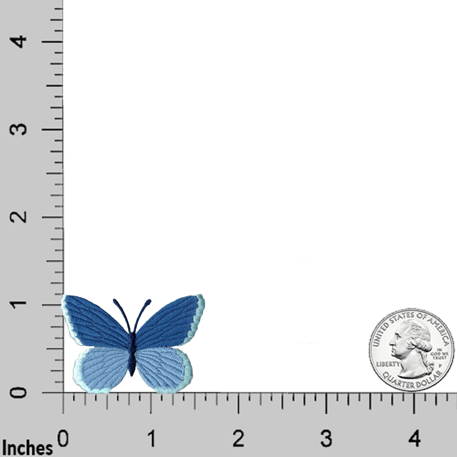 The Laughing Lizards Multi-Blue Embroidered Butterfly (3-Pack) Iron On Patch is shown on an inch-marked grid with a U.S. quarter beside it for size comparison.