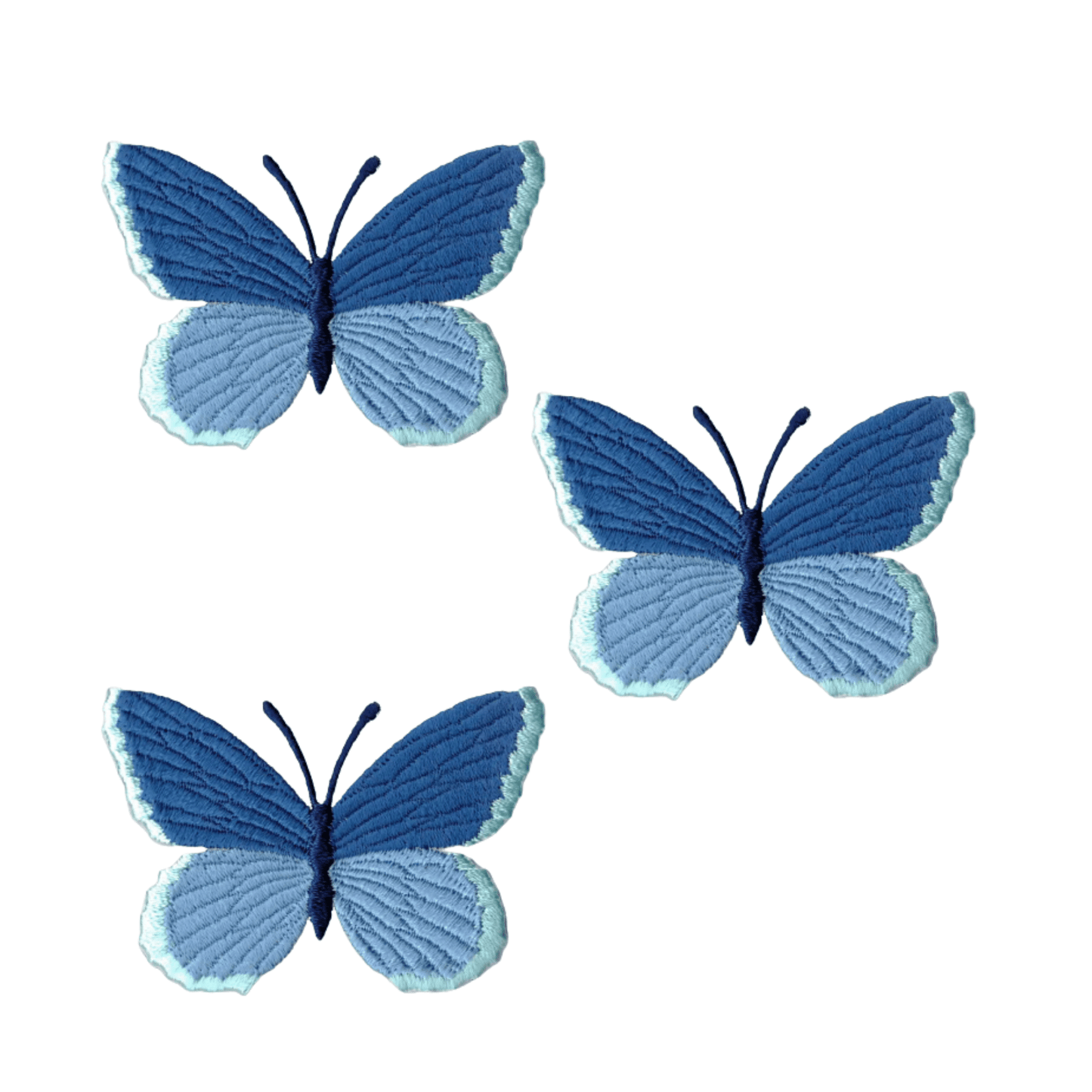 Three Multi-Blue Embroidered Butterfly Iron On Patches (3-Pack) by Laughing Lizards are arranged on a white background.