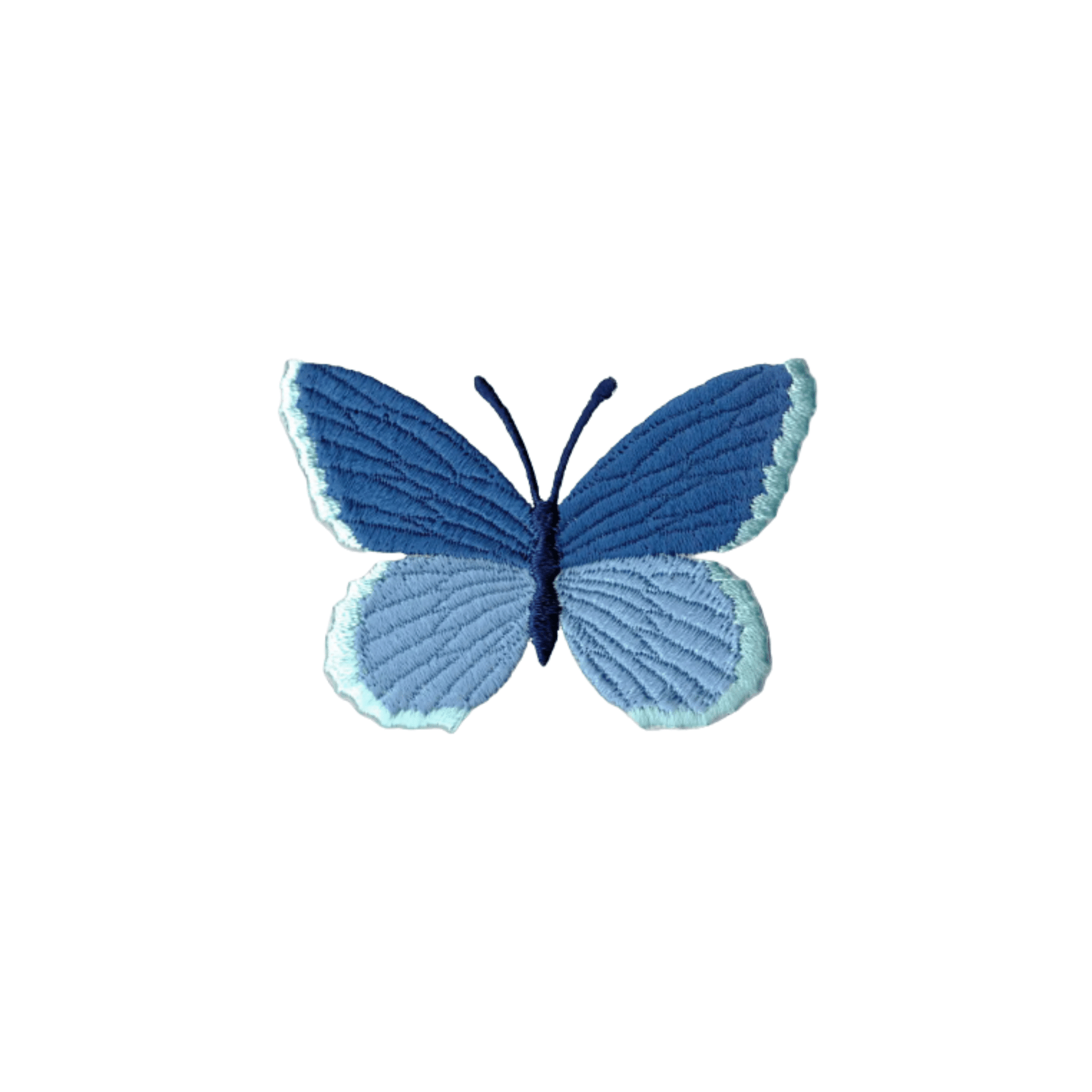 The Multi-Blue Embroidered Butterfly (3-Pack) Iron On Patch by Laughing Lizards features a blue butterfly with symmetrical wings, darker above and lighter below, centered on white—ideal for your next project.