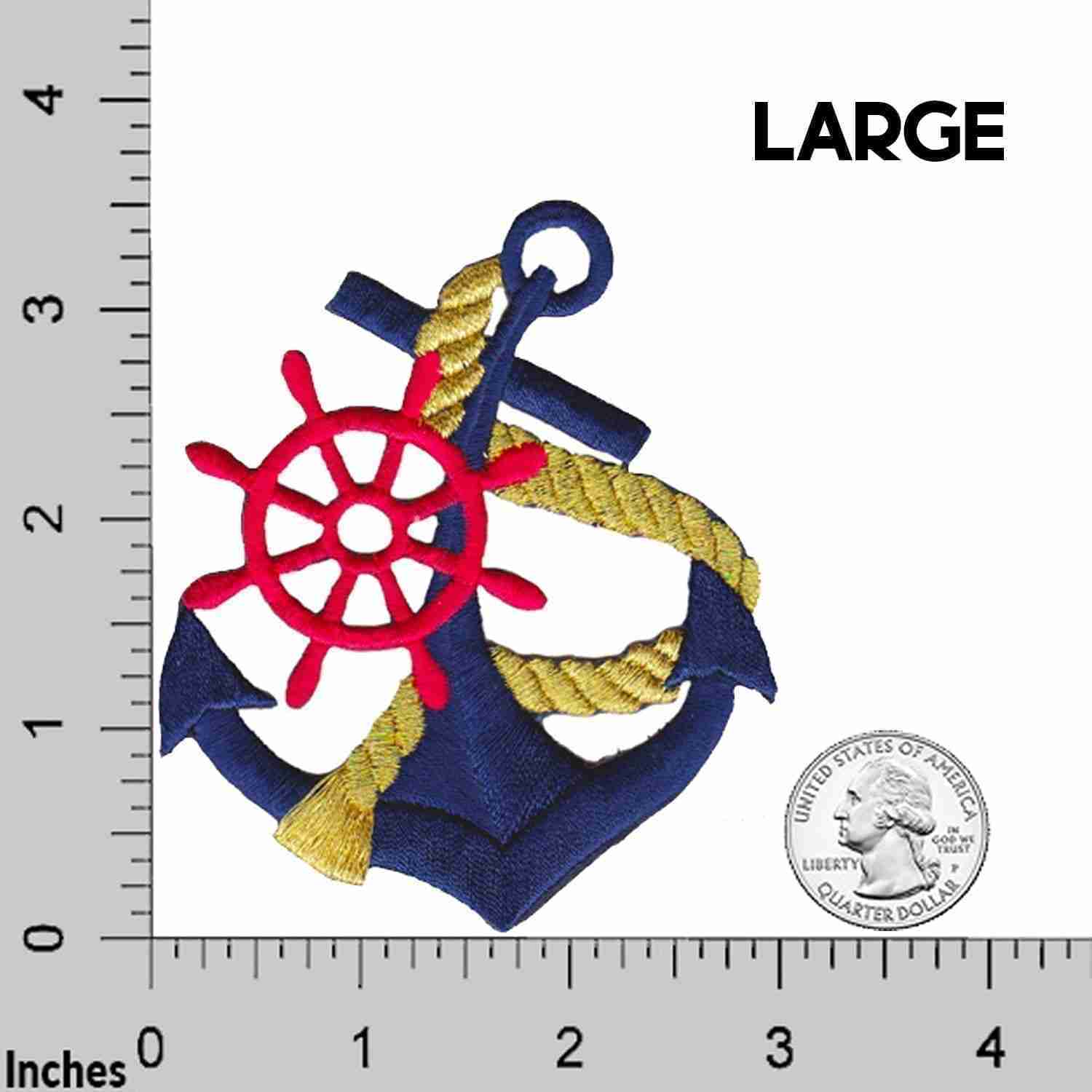 An Navy Anchor with Red Ships Wheel and Gold Rope Iron on Patch embroidered on a ruler.