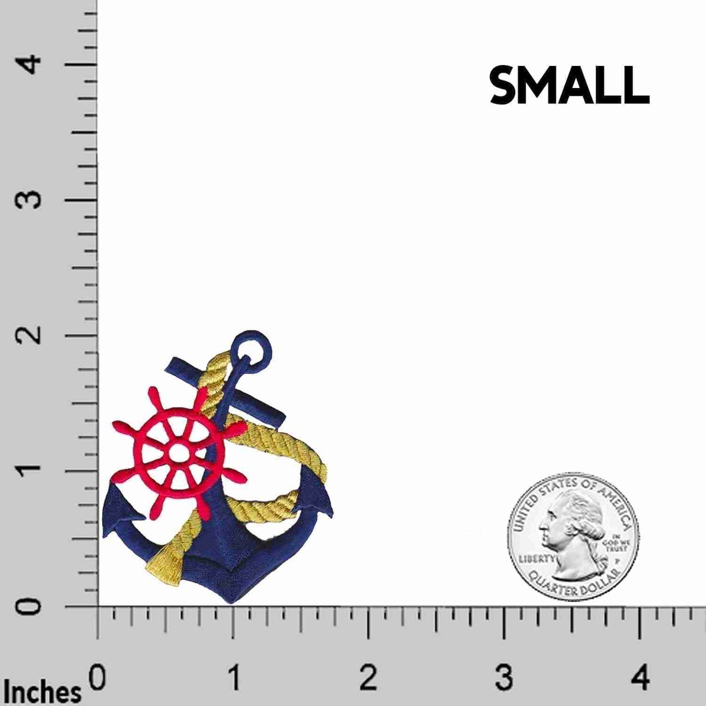 A ruler with the Navy Anchor with Red Ships Wheel and Gold Rope Iron on Patch on it.