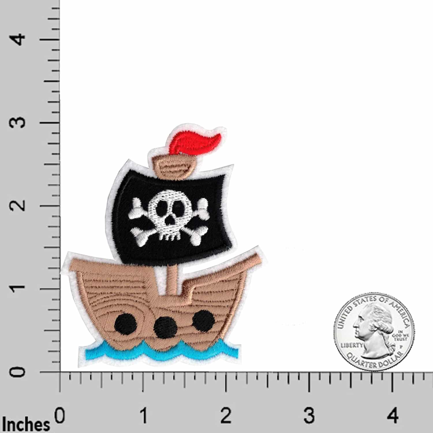 The Laughing Lizards Pirate Ship Patch (2-Pack) features embroidered iron-on patches with a skull and crossbones sail—perfect for beach appliqué or DIY crafts. Shown next to a US quarter and ruler for scale.