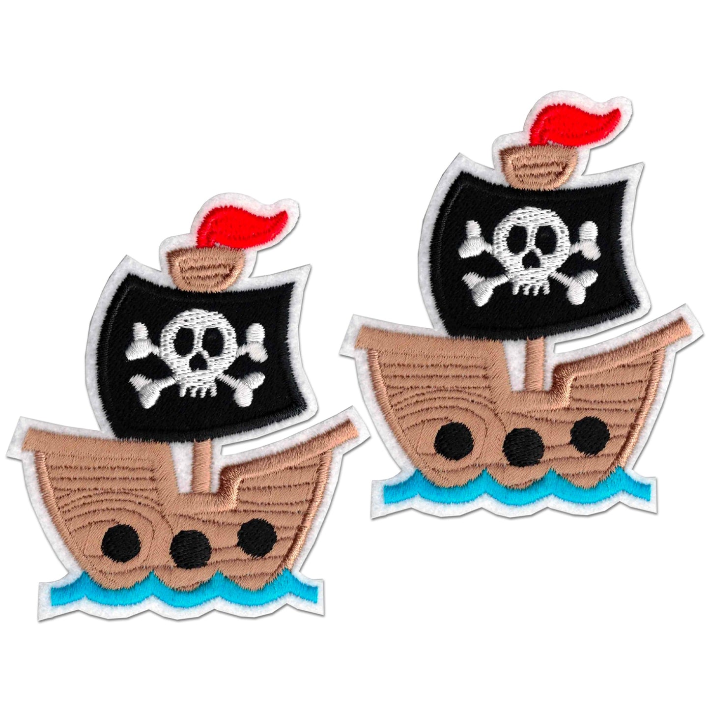 Laughing Lizards Pirate Ship Patch (2-Pack) features embroidered iron-on patches with black sails, white skull and crossbones, red flags, brown hulls, and blue waves—ideal for beach appliques or DIY craft decoration.