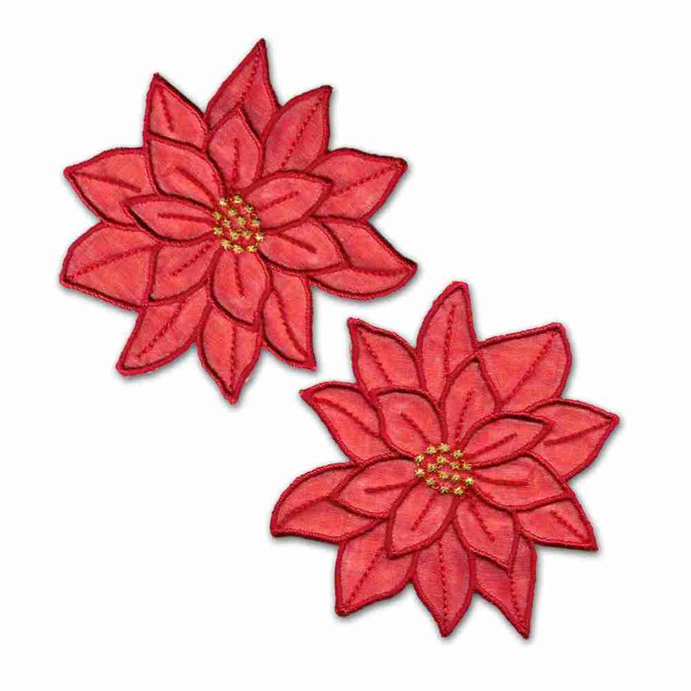 Two (2 Pack) Christmas Sparkly Layered Poinsettia Iron On Patches in Red on a white background.