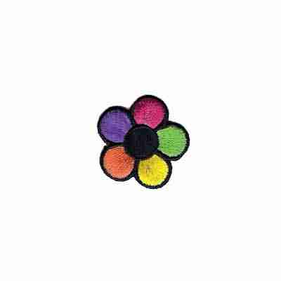 A Bright Multi-Colored Cute Daisy Iron on Patch embroidered on a white background.