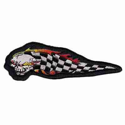 A Flaming Skull Patch with Checkered Flag Iron on Patch with a skull on it.