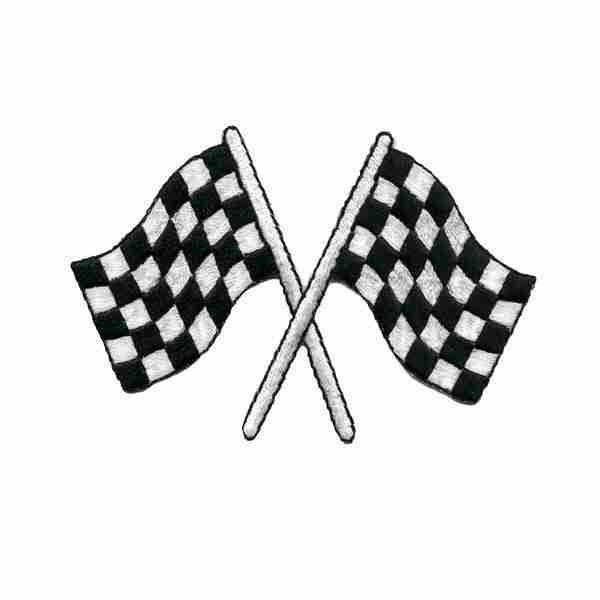 Two Checkered Flags Racing Iron on Patches (2-Pack) on a white background.