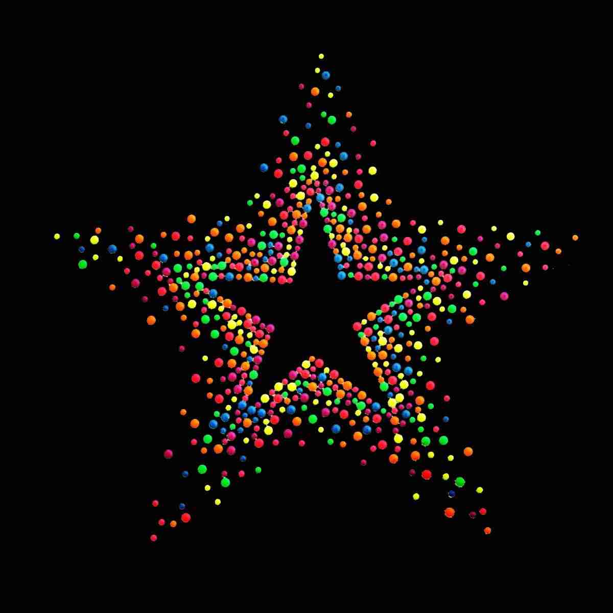 A Large 7.5" Rhinestone Starburst Iron On Applique: Multiple Colors made of colorful dots on a black background.