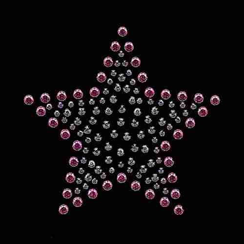 A 4" Pink, Lavendar and Silver Star Iron On Applique made of pink crystals on a black background.