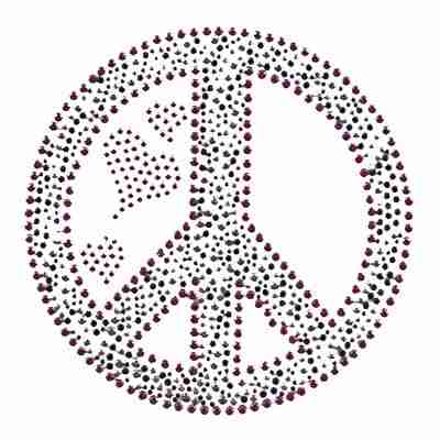 A Zebra Peace Sign with hearts Iron on Rhinestud Applique on a white background.