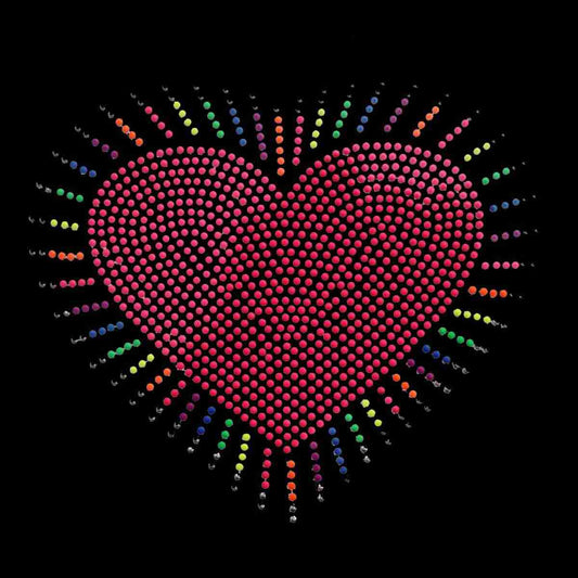 A Heart Shine Neon Nailhead Hotfix Applique with colorful rhinestones on a black background.