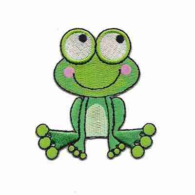 A green Frog Patches (2 Pack) Animal Embroidered Iron on Patch Appliques is sitting on a white background.