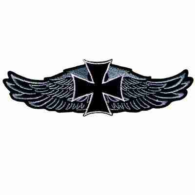 A Gothic Cross on Harley Wings Biker Iron On Patch with on a white background.
