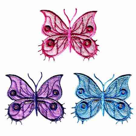 Four Fancy Sparkle Butterfly (3-Pack) Iron On patches in multiple colors on a white background.