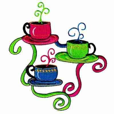 Three Coffee - 3 Cups of Hot Coffee Iron On Patch Appliques on a plate with swirls.