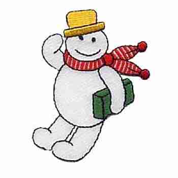 A Christmas Holiday Happy Snowman Iron On Patch wearing a hat and scarf.