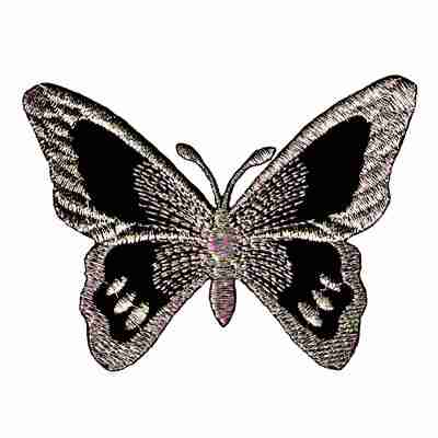 The Butterflies - Black & Silver Iron On Embroidered Butterfly Patch Applique is shown on a white background.