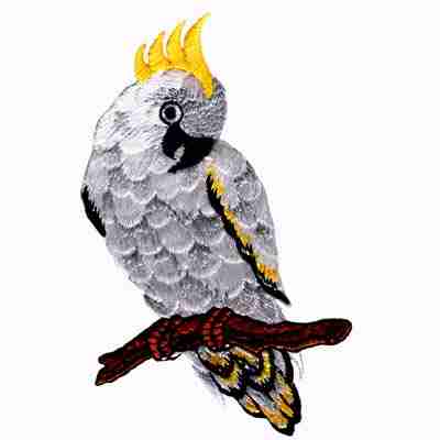 A grey and yellow Cockatoo on Perch Birds Iron On Patch sitting on a branch.
