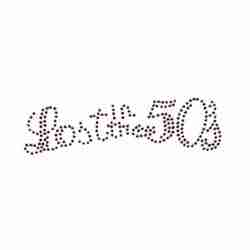 The Lost in the 50's Rhinestud Applique: Pink or Silver lost the 50 on a white background.