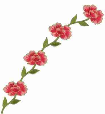 Four red Oriental flowers on vine iron-on patches on a white background.