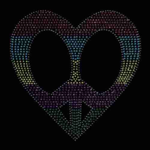 Heart Shaped Peace Sign Rhinestud Hotfix Iron On Applique on a black background.