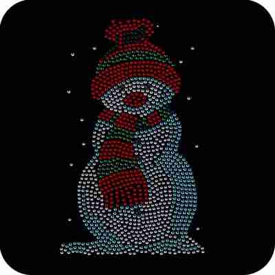A Cute Rhinestud Snowman Iron On Holiday Applique with a scarf and hat on a black background.