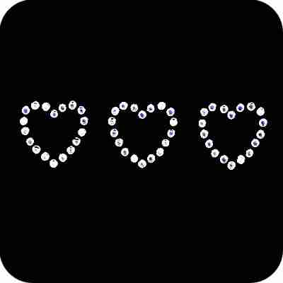 Three 3 Crystal Hearts Iron On Rhinestone Applique on a black background.