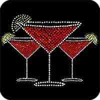 Three Rhinestone/Stud Martini Glasses Iron On Cocktail Applique on a black background.