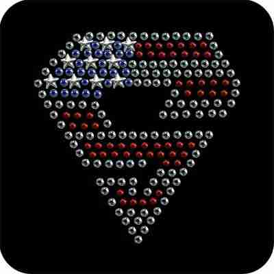 An Patriotic Superman Rhinestud Iron On Patch shaped rhinestone on a black background.