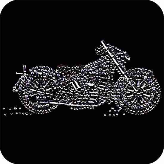 A picture of a Silver/Grey Motorcycle Biker Iron On Rhinestone Applique on a black background.