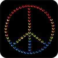 A Small Rhinestud 1 3/4" Peace Sign Iron On Applique is shown on a black background.