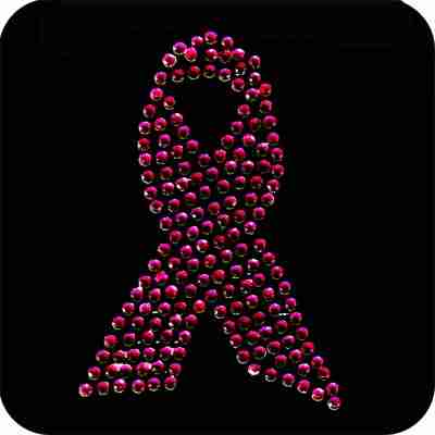 A Breast Cancer Awareness Rhinestone Hotfix Applique with red crystals on a black background.