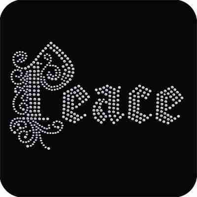 The Peace Hotfix Design Metallic Nailhead Iron On Applique in rhinestones on a black background.