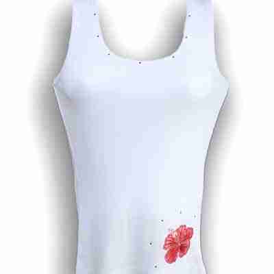 A white tank top with Large Shimmering Hibiscus Flower Iron on Patch: Red on it.