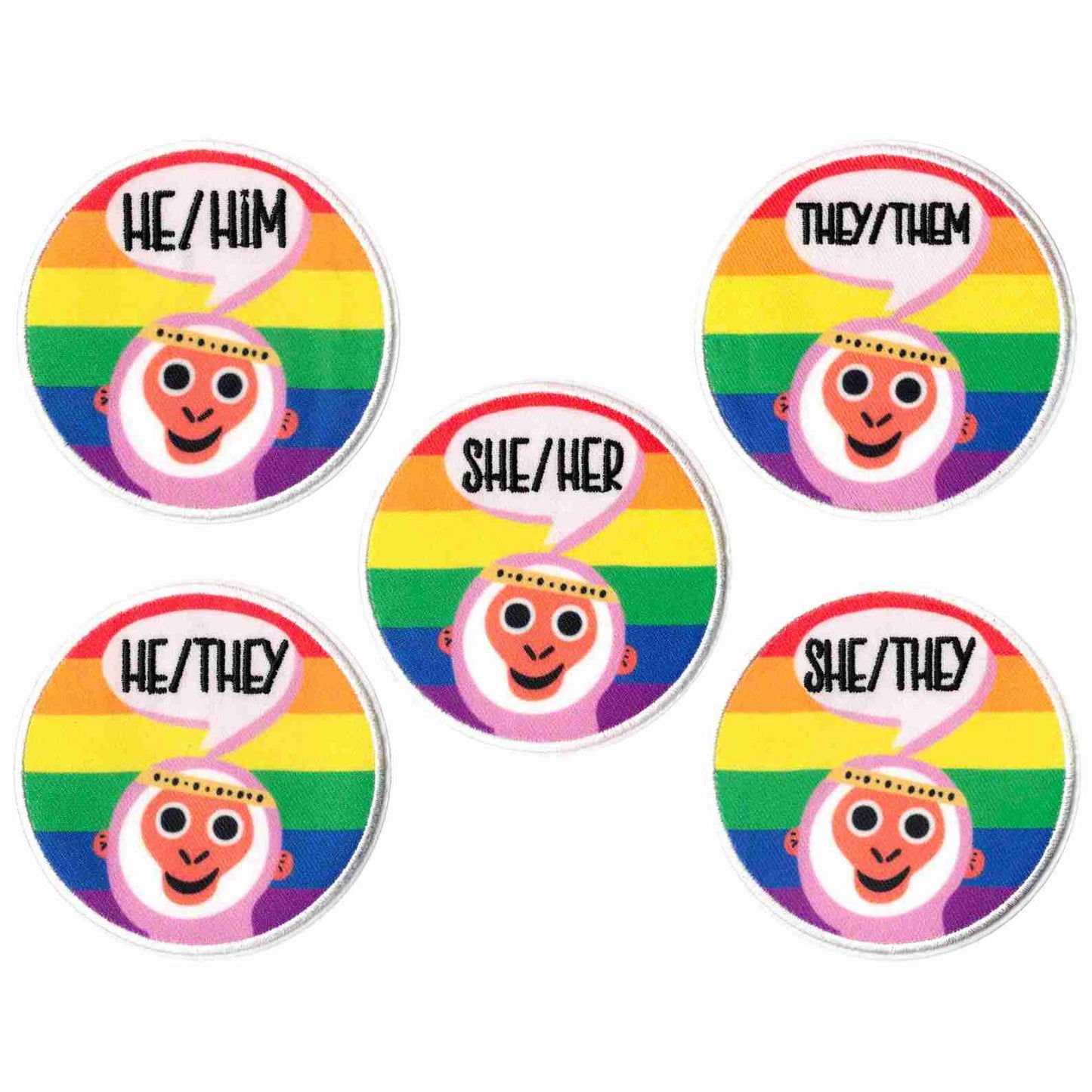 A set of Pronoun Patches with the words hehehehehehehehehehehehehehe.