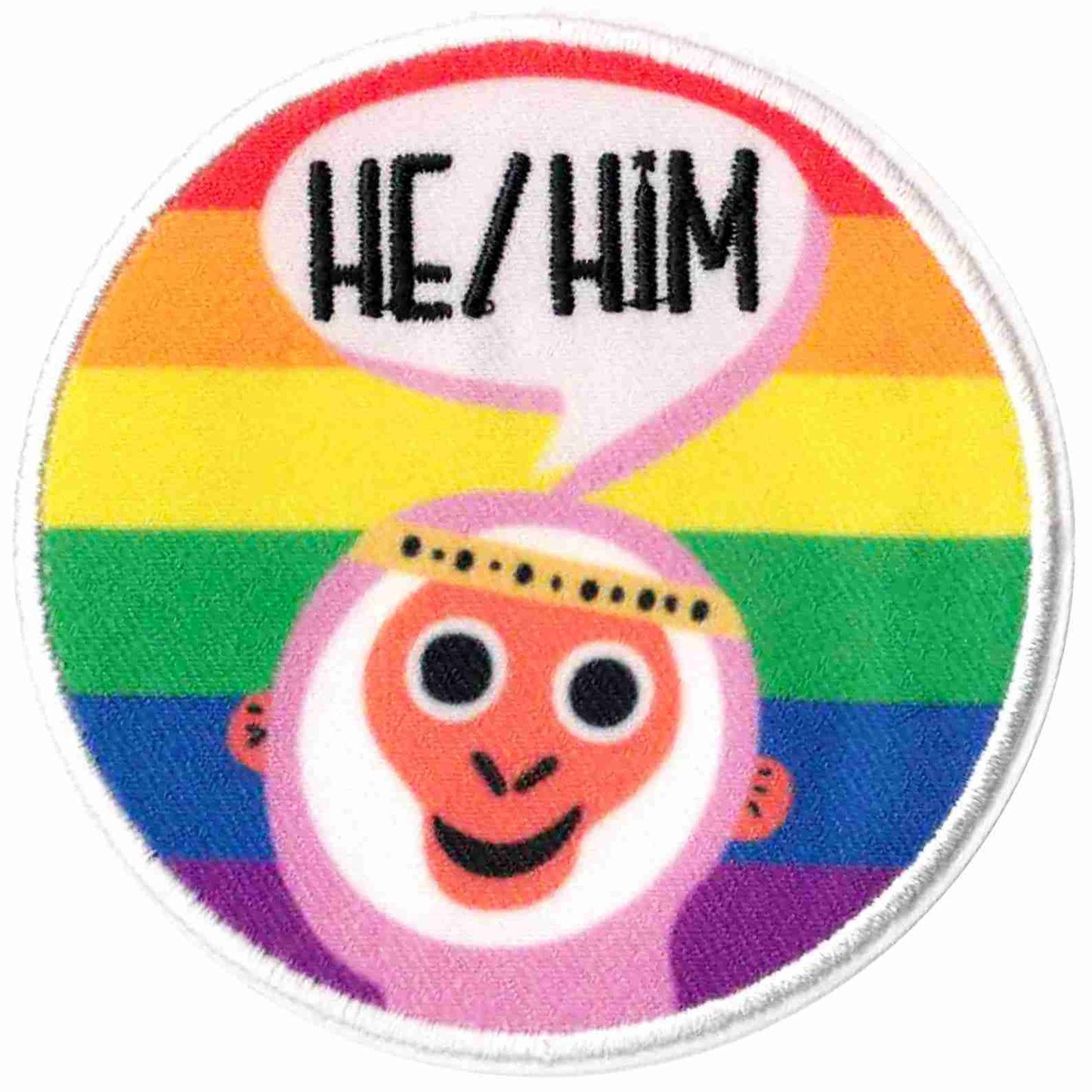 A round patch with the words Pronoun Patches | He/Him | She/Her | They/Them | He/They on it.