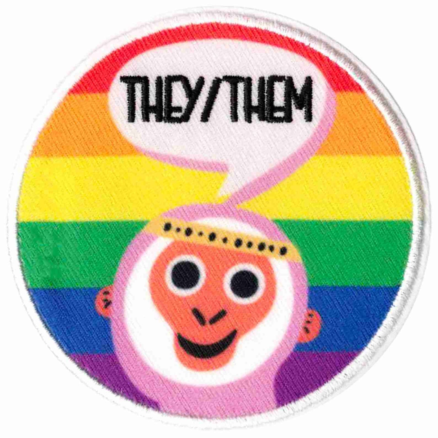 A round patch with an image of Pronoun Patches | He/Him | She/Her | They/Them | He/They with a speech bubble.