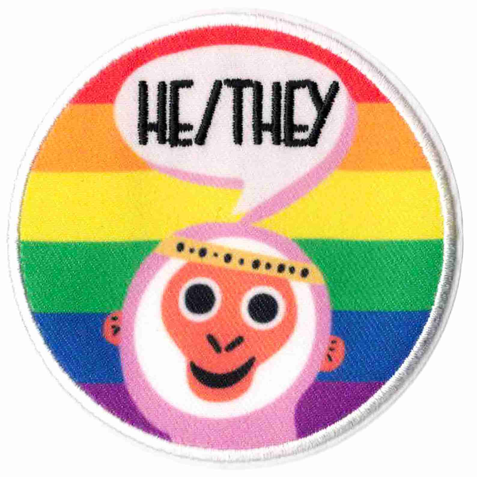 A round patch with the word Pronoun Patches on it.