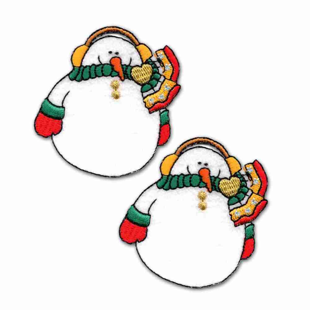Two Snowman Patches (2-Pack) Christmas Embroidered Iron On Patch Appliques on a white background.