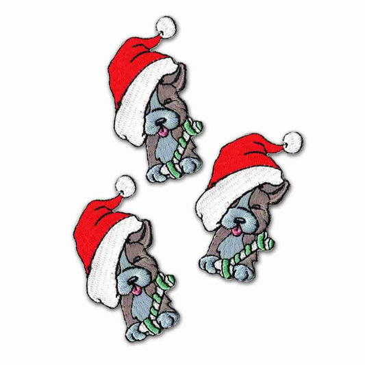 Three Christmas Puppy Patches in santa hats with candy canes.
