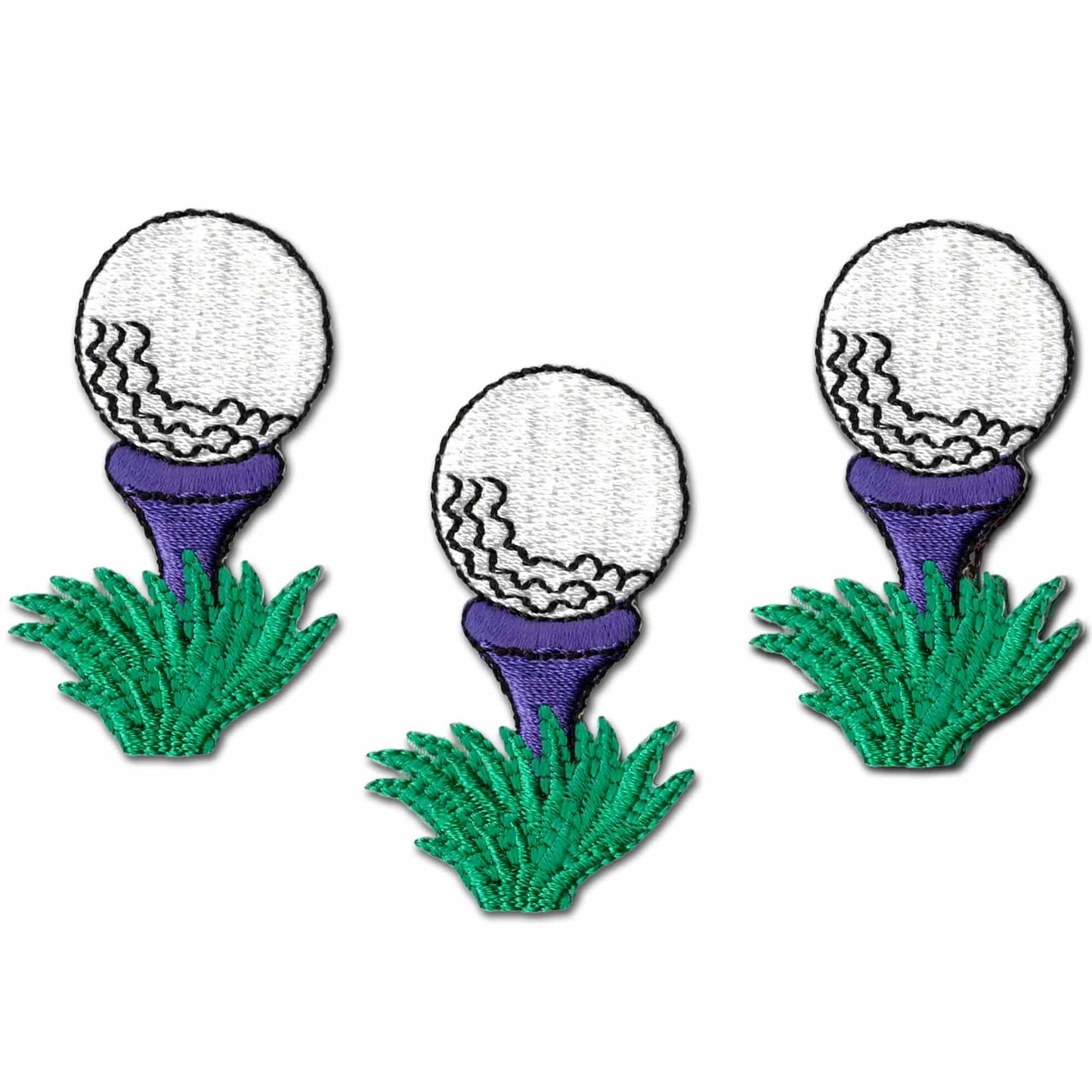 Three Golf Ball On Tee Patches (3-Pack) Golf Embroidered Iron On Patch Applique: Multiple Colors on a tee with green grass.