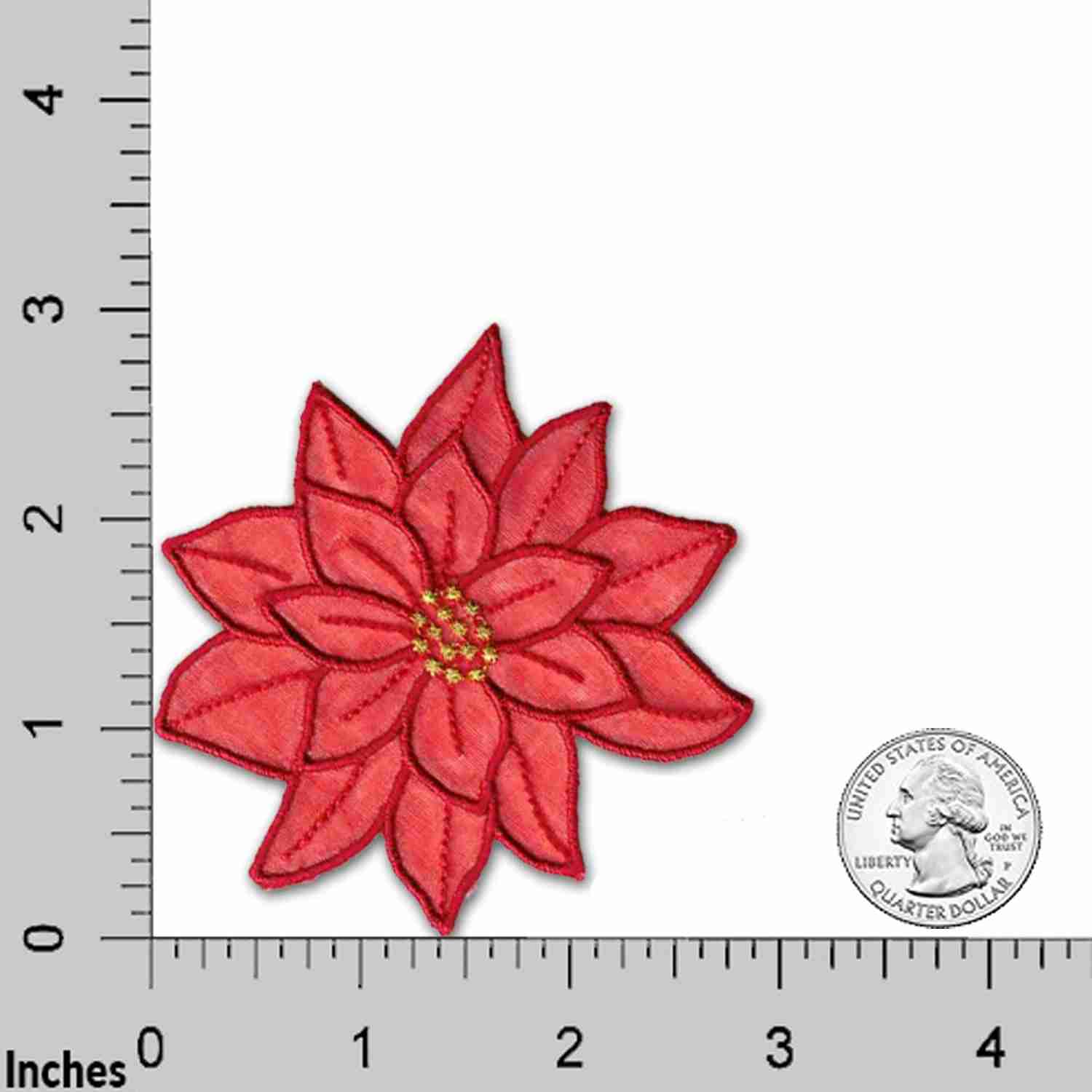 A (2 Pack) Christmas Sparkly Layered Poinsettia Iron On Patch in Red applique on a ruler.
