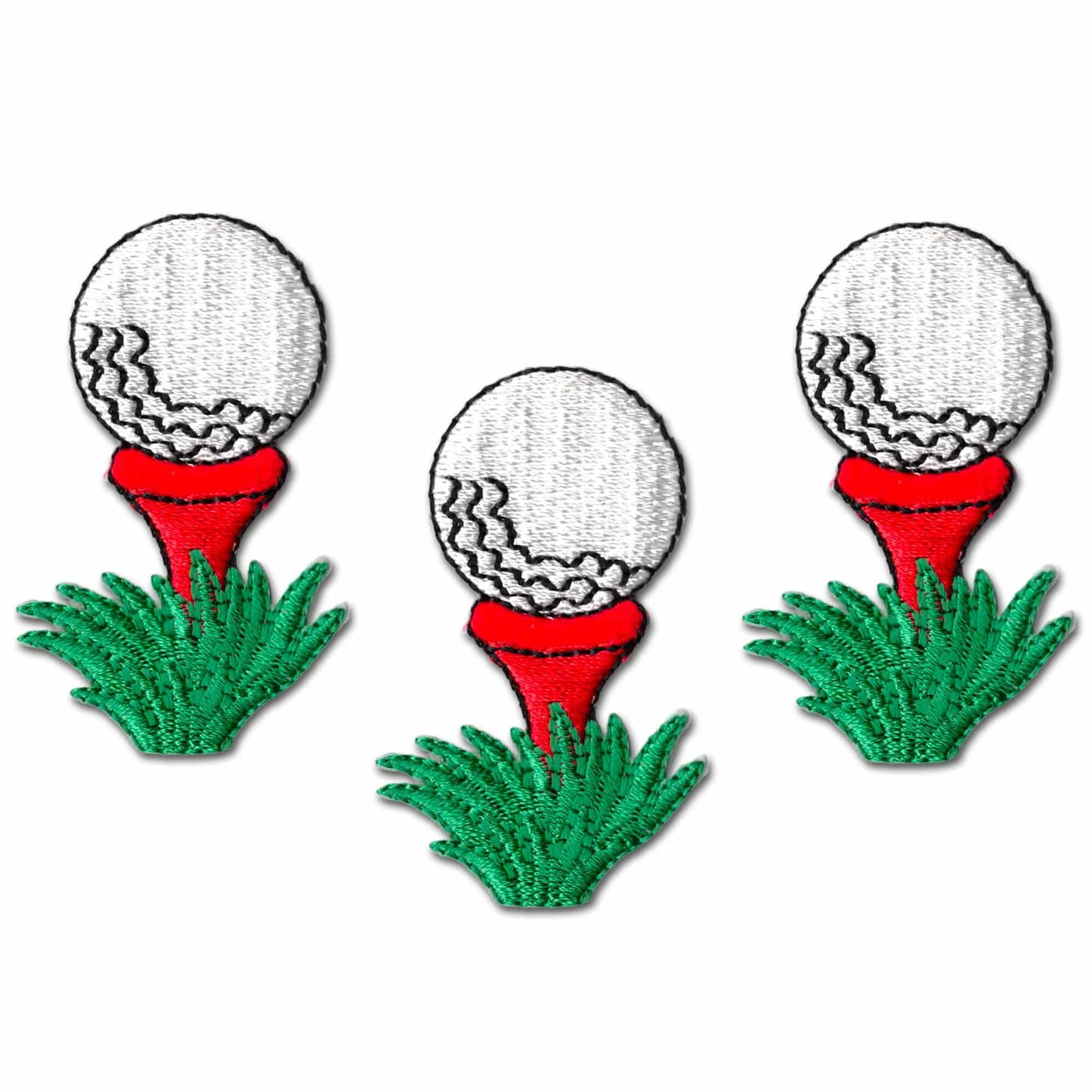 Three Golf Ball On Tee Patches (3-Pack) Golf Embroidered Iron On Patch Applique: Multiple Colors on a tee with green grass.