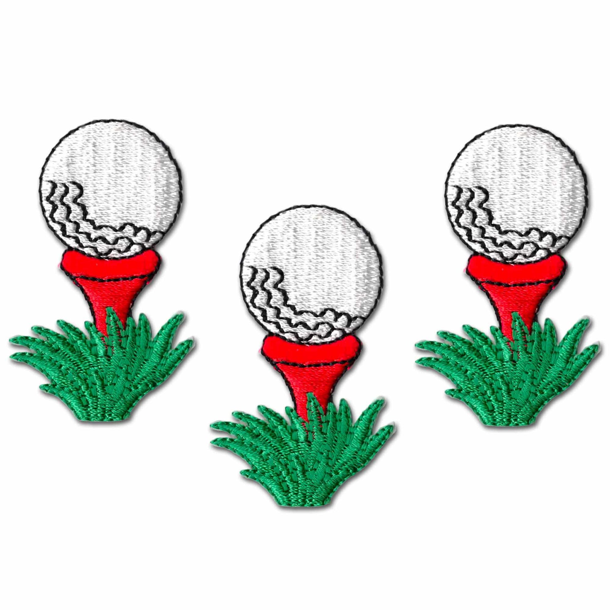 Three Golf Ball On Tee Patches (3-Pack) Golf Embroidered Iron On Patch Applique: Multiple Colors on a tee with green grass.